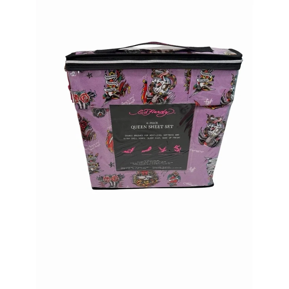 Ed Hardy 6-Piece Queen Size Sheet Set Purple Dragon Tiger Print New